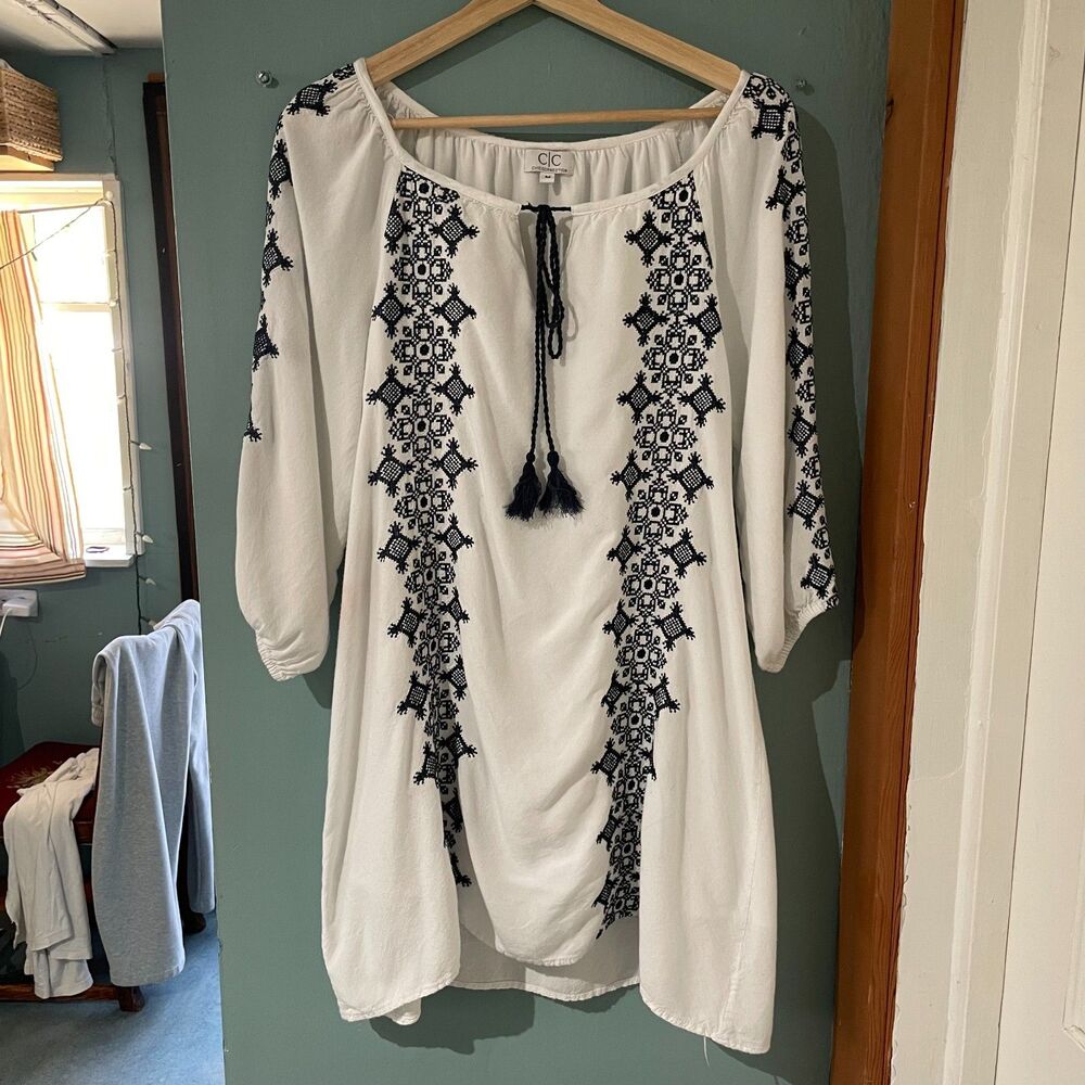 White with blue embroidery boho hippie whisigoth dress